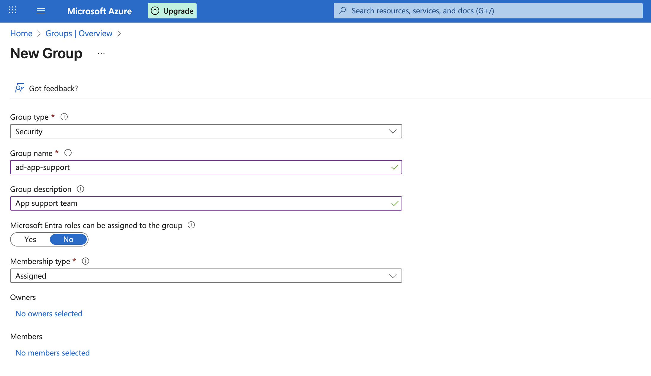 Entra ID create group